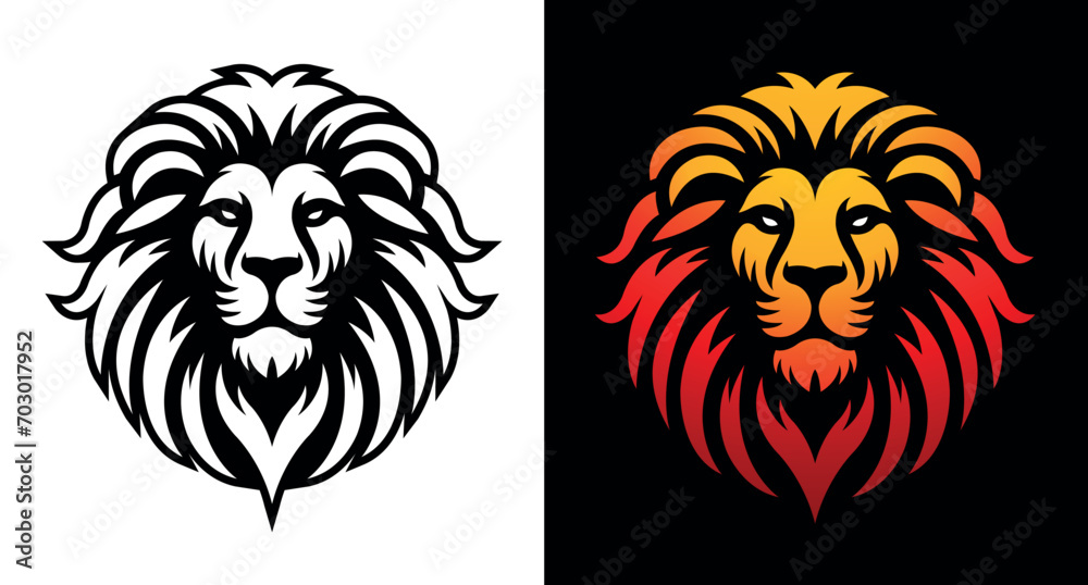 Lion face vector image front view on white and dark background. Lion head line art sticker and logo template. Lion face vector image front view on white and dark background. Lion head line art sticker and logo template.