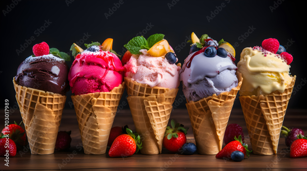 various of ice cream flavor setup on wooden table. Summer and Sweet menu concept. - obrazy, fototapety, plakaty 