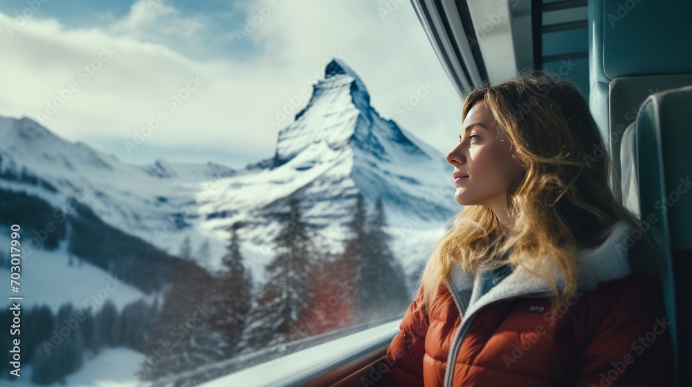 A girl sits on a train and looks out the window at a snowy mountain - obrazy, fototapety, plakaty 