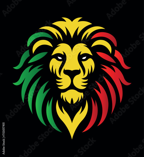 Lion of Judah face eps vector art image illustration. Rasta Jamaican lion head front view with rastafarian reggae colors on dark background.