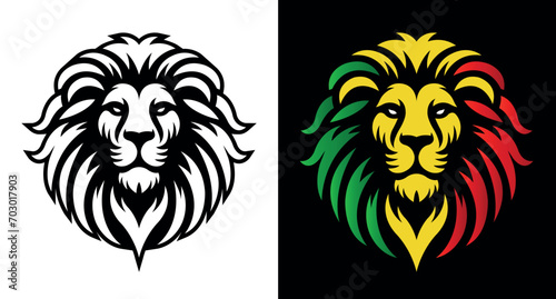 Jamaican reggae rasta lion head front view with rastafarian colors on white and dark background. Lion of Judah face eps vector art image illustration. photo