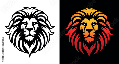 Lion face vector image front view on white and dark background. Lion head line art sticker and logo template.