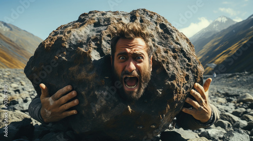 Businessman Stuck Inside a Large Boulder, Letting Out a Desperate Scream, Symbolizing the Challenges and Pressures Faced in the Business World photo