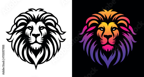 Lion head logo template design line art vector illustration isolated on white and dark backgrounds. Lion face with mane hair brand identity logotype design.