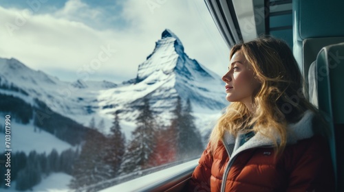 A girl sits on a train and looks out the window at a snowy mountain photo