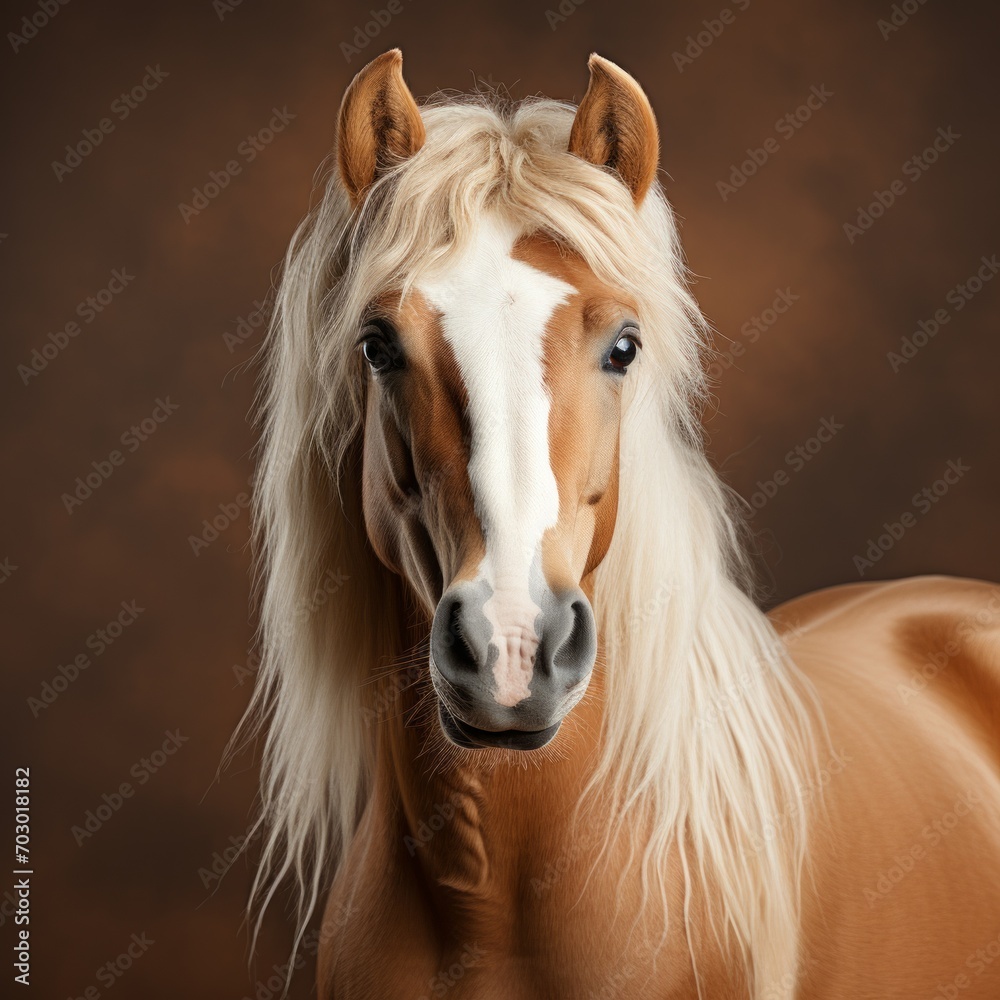 Obraz premium Haflinger horse portrait of a red horse with a shiny white mane on a blue background, expressive look and exquisite beauty of a thoroughbred animal
