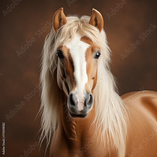 Haflinger horse portrait of a red horse with a shiny white mane on a blue background, expressive look and exquisite beauty of a thoroughbred animal