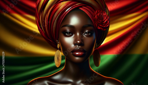 Portrait of a beautiful african woman with wavy pan african flag background.