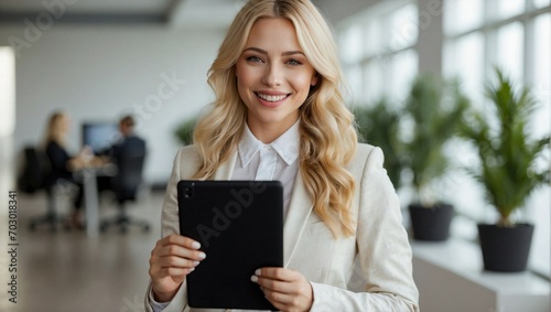 A bright and modern office setting featuring a cheerful blonde businesswoman holding a black tablet, with colleagues and indoor plants in the background.