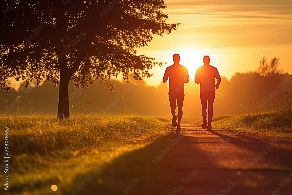 Athletic men jogging in park at summer sunset with space for text, fitness and exercise concept Athletic men jogging in park at summer sunset with space for text, fitness and exercise concept