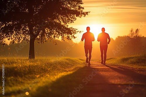 Athletic men jogging in park at summer sunset with space for text, fitness and exercise concept