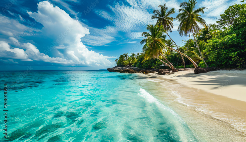 Fototapeta premium Beach of an Island in the Tropical Caribbean Tropical Island Dreamlike Landscape Wallpaper Background Brainstorming Family Digital Art Magazine Poster