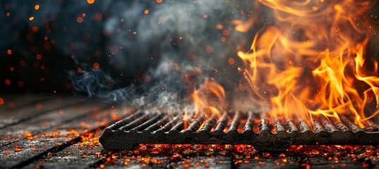 Flaming empty barbecue grill with fire flames illuminating the empty fire grid on black background