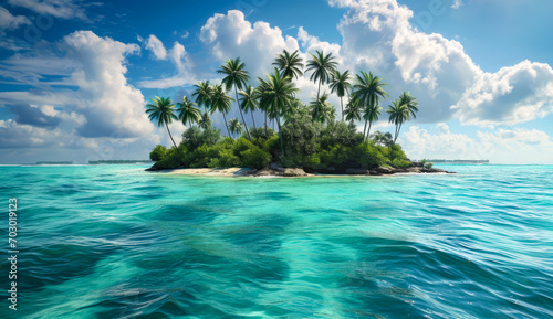 Fototapeta Naklejka Na Ścianę i Meble -  Beach of an Island in the Tropical Caribbean Tropical Island  Dreamlike Landscape Wallpaper Background Brainstorming Family Digital Art Magazine Poster