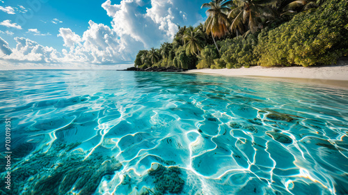 Fototapeta Naklejka Na Ścianę i Meble -  Beach of an Island in the Tropical Caribbean Tropical Island  Dreamlike Landscape Wallpaper Background Brainstorming Family Digital Art Magazine Poster