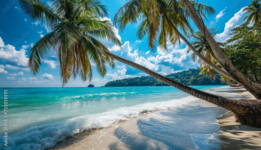 Beach of an Island in the Tropical Caribbean Tropical Island  Dreamlike Landscape Wallpaper Background Brainstorming Family Digital Art Magazine Poster