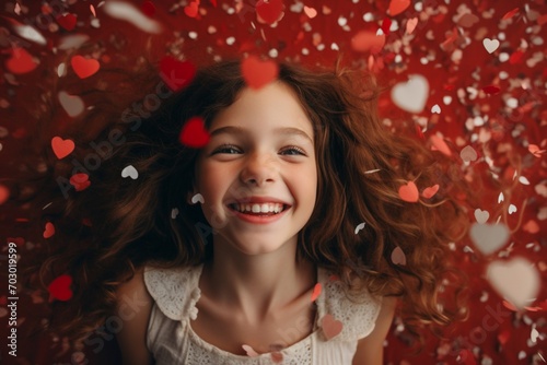 Overhead view of happy young girl celebrating Valentine's Day with heart shaped confetti photograph