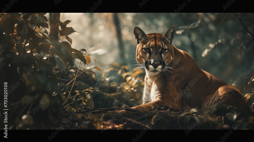 Obraz na płótnie A mountain lion rests in a dappled light forest setting. w salonie