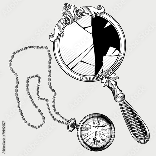 Broken male vintage pocket watch with chain and female round mirror with handle. Vintage black and white engraving stylized drawing. Vector Illustration