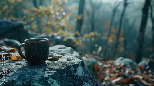 A cup sits atop a moss-covered rock in a misty autumnal forest. photo