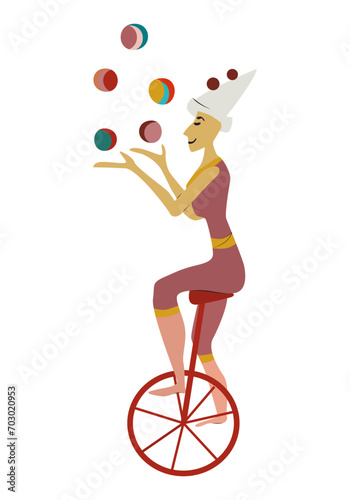 Vintage circus, woman balancing on unicycle. Contortionist juggling balls. Acrobat or equilibrist. Actors performance. Simple flat style, isolated on white background. Circus performer.