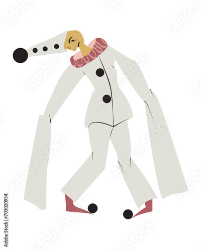 Vintage circus Crying Pierrot. Actors performance. Sad pierrot, illustration.Simple flat style, isolated on white background. Circus performer.