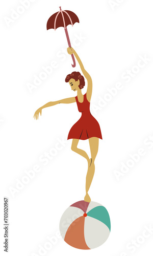Vintage circus Gymnast girl. Actors performance. Acrobat or equilibrist, illustration.Simple flat style, isolated on white background. Circus performer.