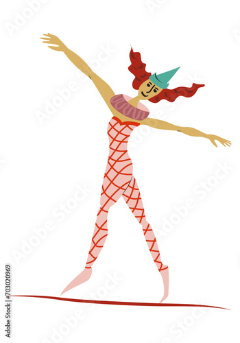 Vintage circus ropewalker. Actors performance. Acrobat or equilibrist, illustration.Simple flat style, isolated on white background. Circus performer.