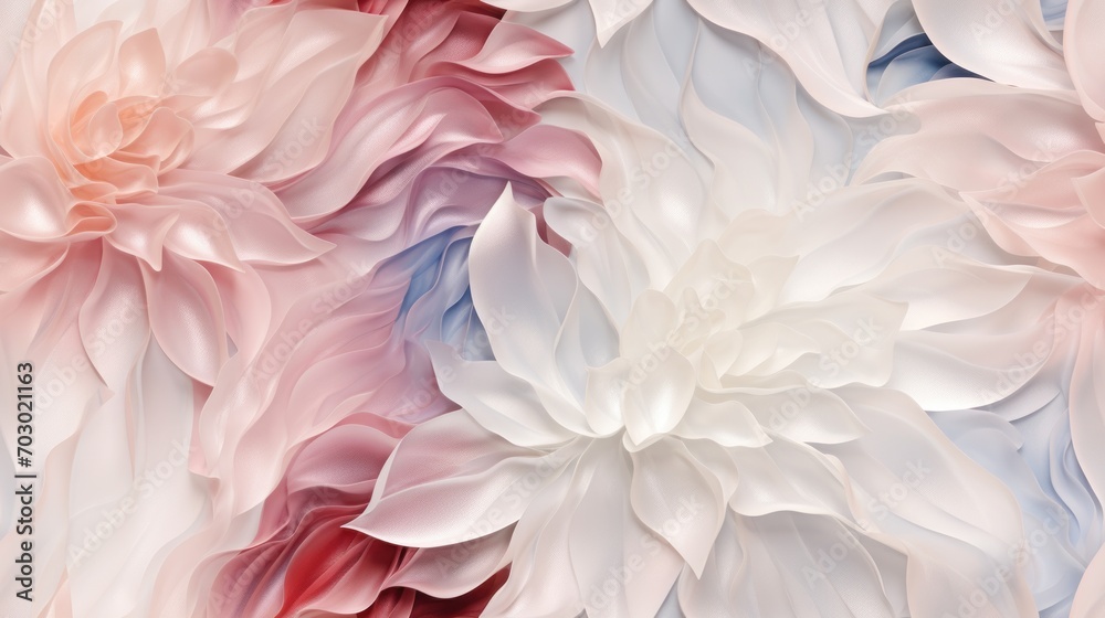  a close up of a bunch of flowers with pink and blue petals on a white and pink background with a red center.