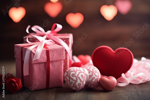 Valentine's Day. presents, heart felt and decor on wooden background photograph