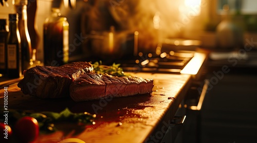 A steak is cooked to medium-rare and is set on a counter chopping block. © Scissortail Studios