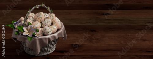Basket of Eggs on Dark Wood floor with copy-space. Decorated Easter Eggs with Flowers. photo
