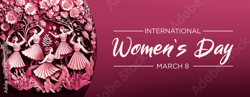 Premium Paper Cut Banner to Celebrate International Woman's Day. Pink Floral Design with Dancing Women, Flowers and caption. Generative AI. photo