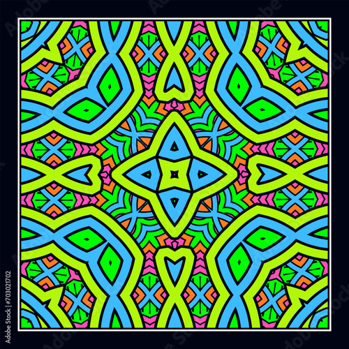 An original ornament for a square scarf, tablecloth, wall panel or any other decorative object. Contrasting color palette. Version No. 13. Vector illustration