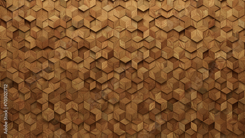 Timber Tiles arranged to create a Diamond Shaped wall. Wood, Natural Background formed from 3D blocks. 3D Render photo