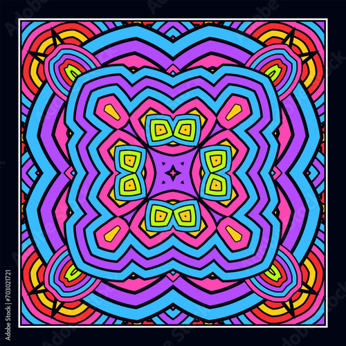 An original ornament for a square scarf, tablecloth, wall panel or any other decorative object. Contrasting color palette. Version No. 14. Vector illustration