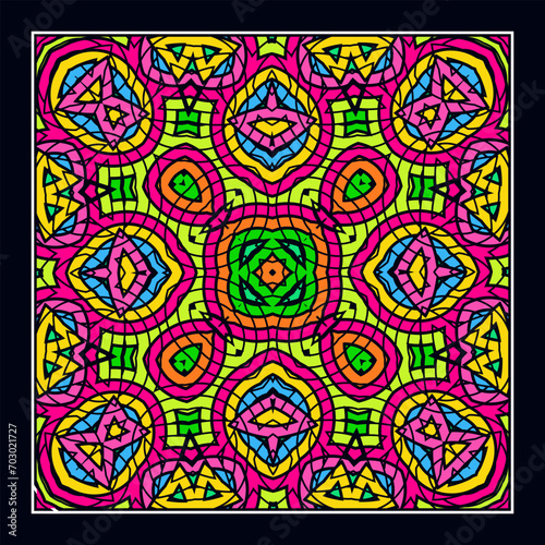 An original ornament for a square scarf, tablecloth, wall panel or any other decorative object. Contrasting color palette. Version No. 10. Vector illustration