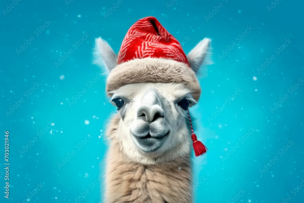Funny Llama with Red Santa Hat and Fluffy Hair Funny Llama with Red Santa Hat and Fluffy Hair