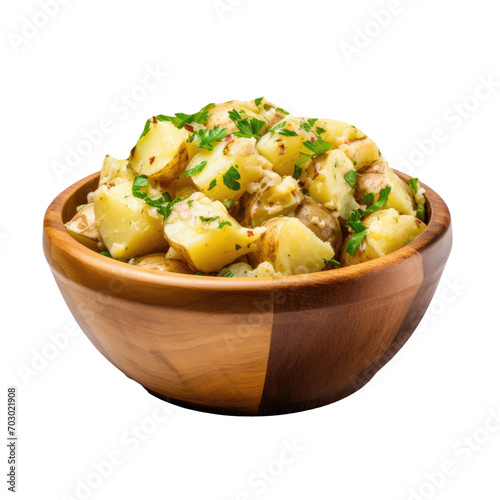 A Wooden Bowl of Potato Salad Isolated on a Transparent Background 