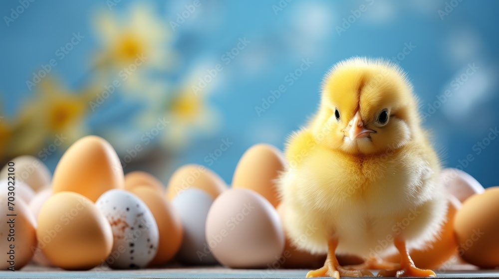  a small yellow chicken standing in front of a group of eggs on a blue and white background with a blue sky in the background.