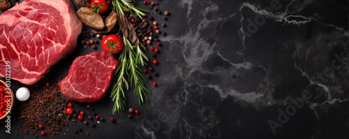 Raw beef steak on black stone board. Rosemary, spices, seasonings, fresh tomatoes. Top view with copy space.