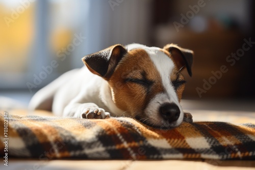 Young dog jack russell terrier sleeping on turquoise knitted plaid on the parquet floor of living room in a sunny day. photograph