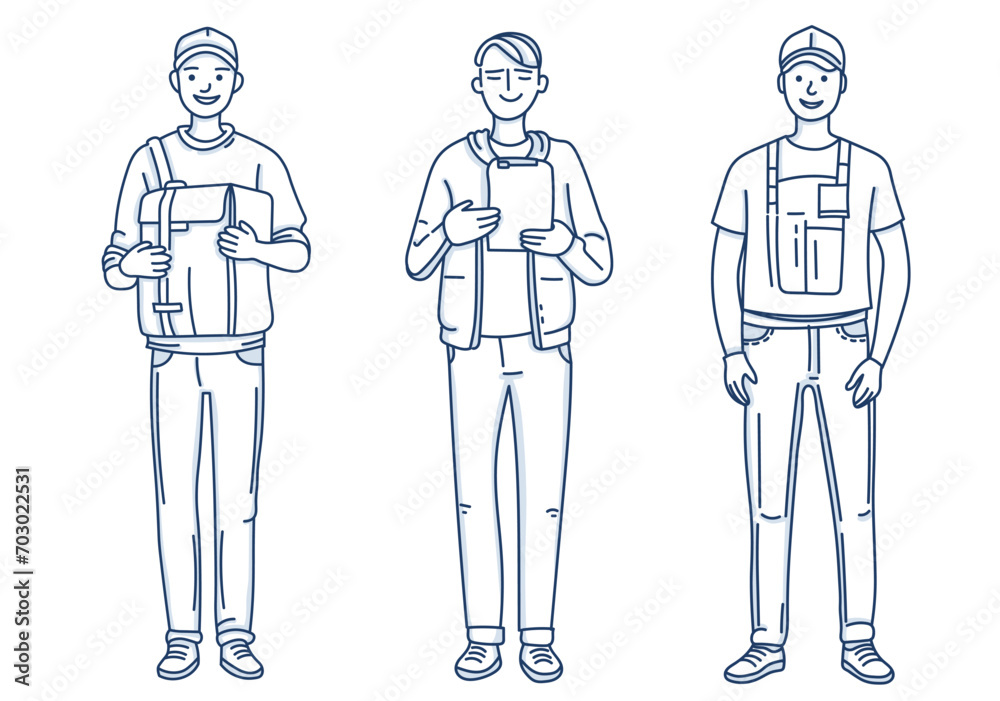 person in uniform. A courier, a man in work clothes, delivering orders. Illustration in linear style person in uniform. A courier, a man in work clothes, delivering orders. Illustration in linear style