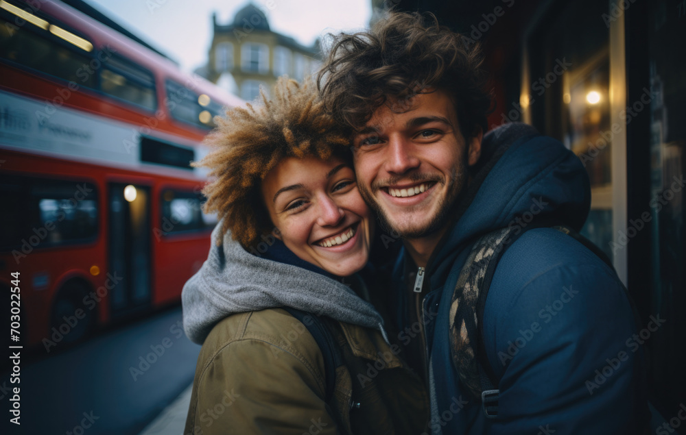 A smiling couple is standing on the city street. A smiling couple is standing on the city street.