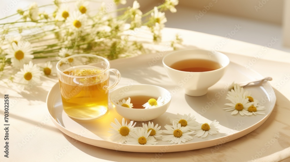  a white plate topped with a cup of tea next to a cup of tea and a plate of daisies.