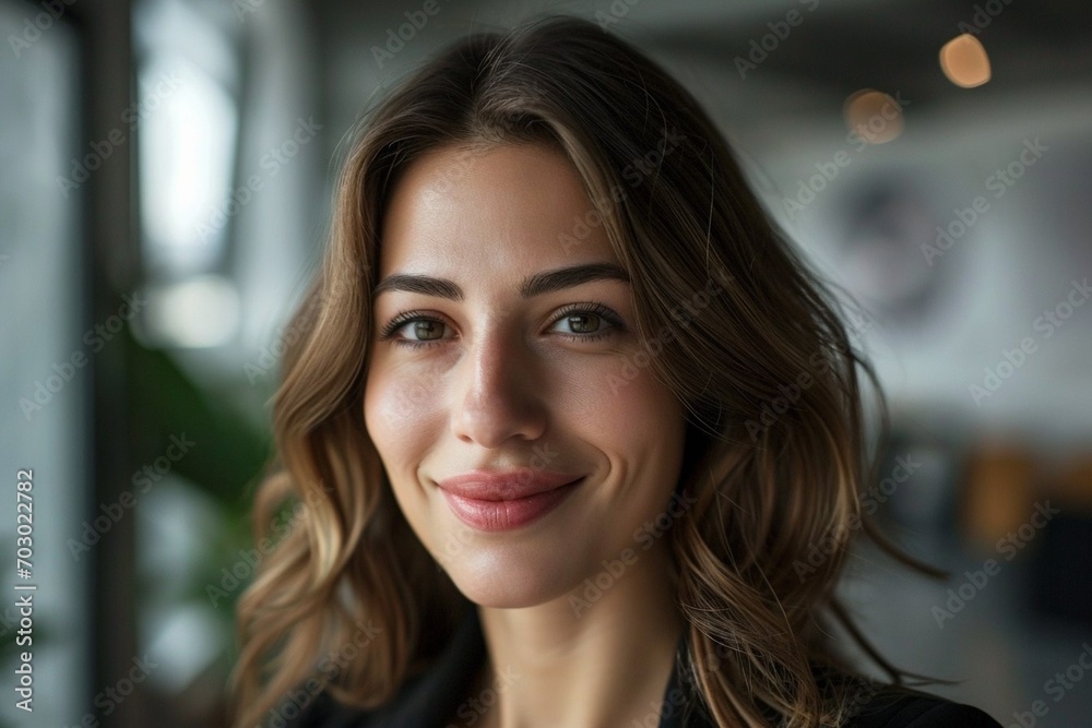 smiling European woman who knows her worth looks at the camera, modern office. Behind the smile you can feel the character, a business person with extensive experience smiling European woman who knows her worth looks at the camera, modern office. Behind the smile you can feel the character, a business person with extensive experience