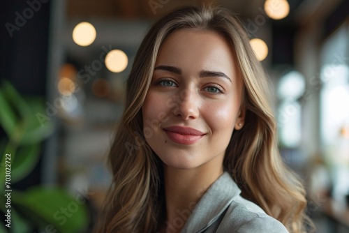 smiling European woman who knows her worth looks at the camera, modern office. Behind the smile you can feel the character, a business person with extensive experience
