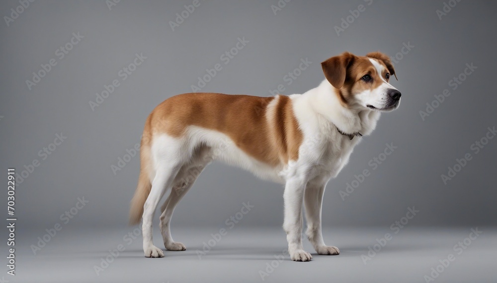 Studio shot of a beautiful mixed breed dog standing on grey background. Studio shot of a beautiful mixed breed dog standing on grey background.