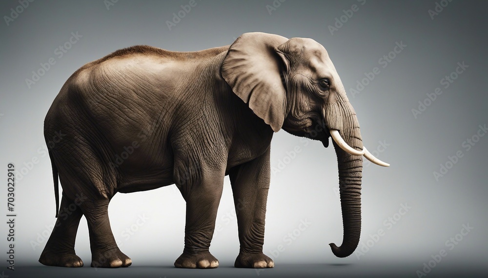 Elephant on a gray background. Side view. 3d rendering