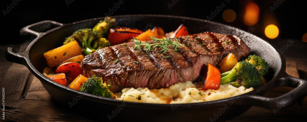 Freshly made delicious beef steak on rosemary with mashed potatoes and vegetables served in a pan.